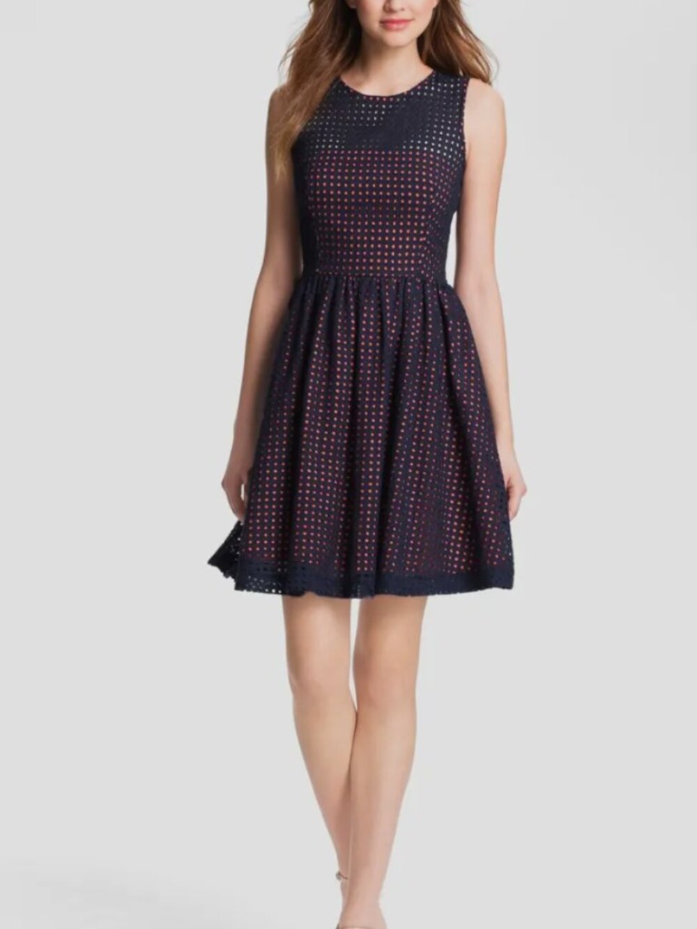 French Connection Navy & Coral Eyelet Fit‎ & Flare Dress with Pockets